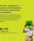 Person holding 'WHY LIME' card on green background with text about quality and affordability by Lime, California, USA.