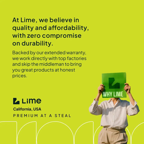 Person holding 'WHY LIME' card on green background with text about quality and affordability by Lime, California, USA.