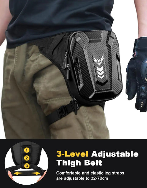 Thigh Bag for Women and Men, Expandable Leg Bag With Leg Strap shown on person with camouflage pants, adjustable strap