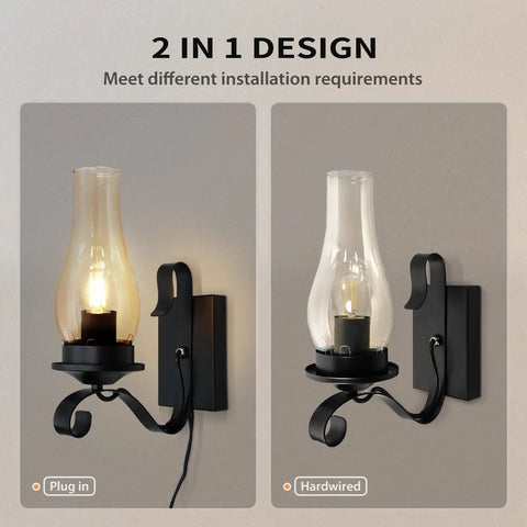 Cozy Farmhouse Style Wall Sconces Set Of Two LED Bulb Included Amber Glass Black Metal Wall Mounted Light Fixture Indoor Vintage Lighting For Bathroom Living Room Bedroom showing plug-in and hardwired installation options