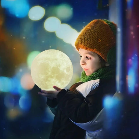 Child holding Moon Lamp 7 Inch 3D Printed Moon Light With Stand, 16 Color LED Night Light glowing softly in the night