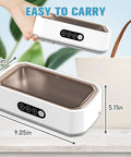 Portable Ultrasonic Jewelry Cleaner With 360 Degree Cleaning In Minutes for everyday use, shown beside a tote bag with dimensions