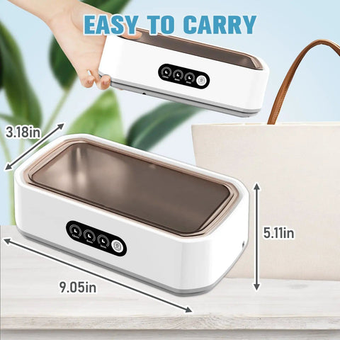 Portable Ultrasonic Jewelry Cleaner With 360 Degree Cleaning In Minutes for everyday use, shown beside a tote bag with dimensions