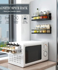 Heavy Duty Magnetic Spice Rack For Fridge Side, No Fuss Kitchen Organization Shelf, Holds A Ton Of Containers on a kitchen wall.