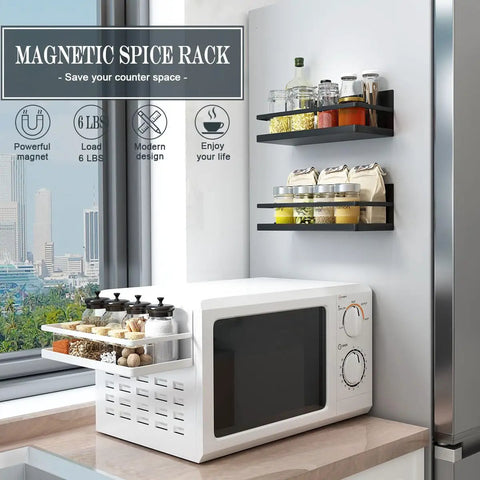 Heavy Duty Magnetic Spice Rack For Fridge Side, No Fuss Kitchen Organization Shelf, Holds A Ton Of Containers on a kitchen wall.