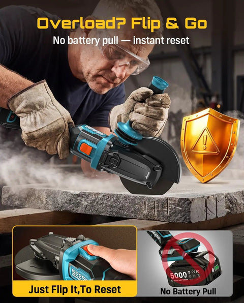 Worker using Flathead Brushless Cordless Angle Grinder Kit With Five Amp Hour Battery And Fast Charger, Twenty One Volt Six Speed Variable Control, Four And A Half Inch To Five Inch Metal Cut Off Tool, Drop Protection, Ideal For Auto Body And DIY