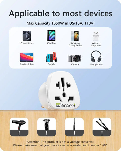 World To US Plug Adapter 2 Pack Universal Travel Power Converter with device compatibility icons and adapter image