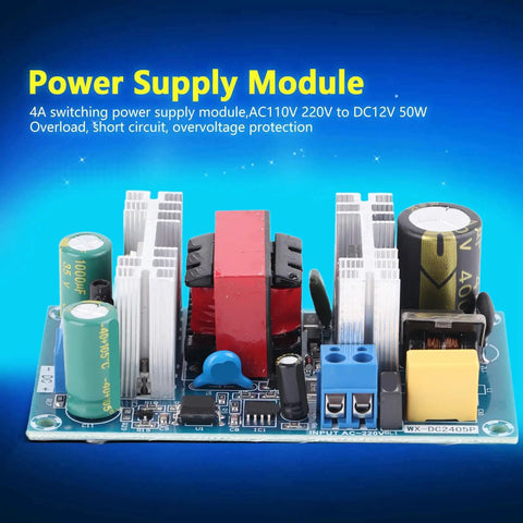 Rock Solid AC to DC Power Supply Module 50 Watt 4 Amp Switching Converter Board with capacitors and heatsinks.
