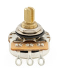 Killer Brass Short Split Shaft Guitar Pots Set With Smooth Audio Linear Taper shown in close-up for Usa Electric Guitars Basses