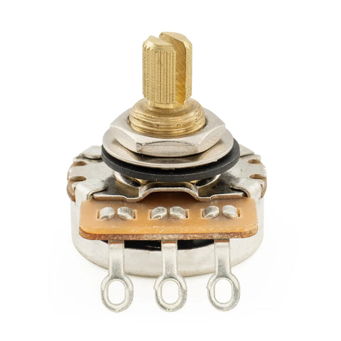 Killer Brass Short Split Shaft Guitar Pots Set With Smooth Audio Linear Taper shown in close-up for Usa Electric Guitars Basses