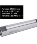 MT2-MT1 Morse taper adapter, side view, silver metal cylindrical sleeve with a black threaded end and MT2-MT1 marking.
