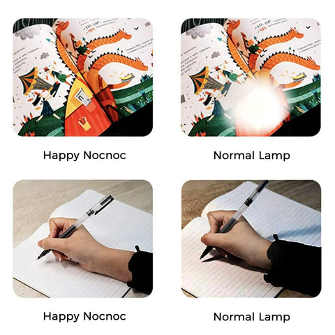 Comparison between Happy Nocnoc and normal lamp lighting on illustrations and writing with Eye Care Desk Lamp With Auto Dim, CRI 97.