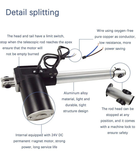 Beefy Heavy Duty 1320 Lbs 6000 N 24 V DC Linear Actuator With 8 Inch Stroke Aluminum Alloy Body shown with detailed components
