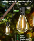 Close-up of 50Ft Solar String Lights Outdoor Dimmable Patio Lights With Remote LED bulbs suspended outdoors on a wire.