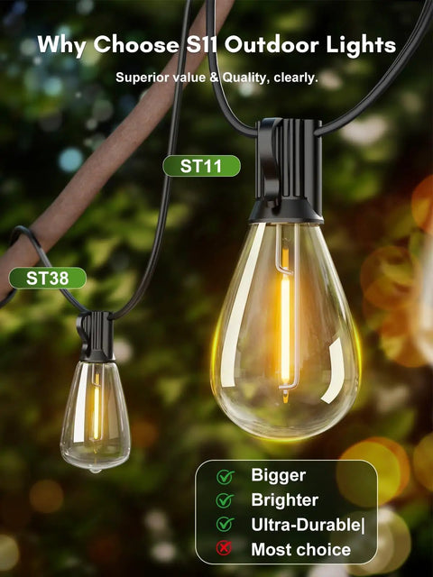 Close-up of 50Ft Solar String Lights Outdoor Dimmable Patio Lights With Remote LED bulbs suspended outdoors on a wire.