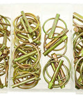 50Pc Lynch Pins Assortment Kit For Tractors And Farm Equipment, yellow zinc plated in plastic compartmentalized box, top view.