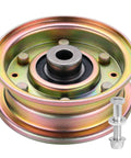 Replacement flat idler pulley with mounting bolt, iridescent zinc finish