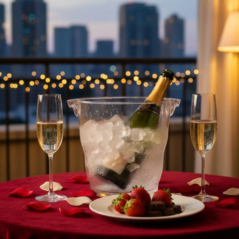 Four Liter Plastic Champagne Ice Bucket Chiller With Thick Clear Body And Two Easy Grip Handles, Wave Design Wine Cooler on table.