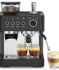 Twenty Bar Espresso Machine With Integrated Conical Burr Grinder And Thirty Precision Grind Settings, features hot espresso pouring into two glasses.
