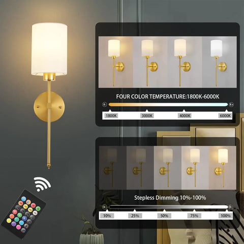 Wireless Battery Operated Wall Sconce Set Of Two With Timer, Dimmable 4CCT And RGB Accent Light For Bedroom, showing color temperature options.