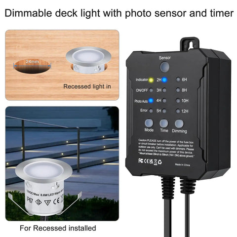 Smooth Dimmable LED Deck Lights With Timer And Photocell Sensor, 20 Pack Recessed Light Kits, IP67 Waterproof shown with sensor box