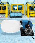 Heavy Duty 1Hp Dust Collector With 550Cfm Airflow And 14Point8 Gallon Bag on a workshop floor, detail of suction intake.