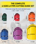 Heavy Duty Magnetic Steel Pipe Cutting Guide Kit Slide Right On And Skip The Math For 22 5 45 90 Degree Saddle Notches showing six sizes from 1-5/8 to 4-1/2 inches.