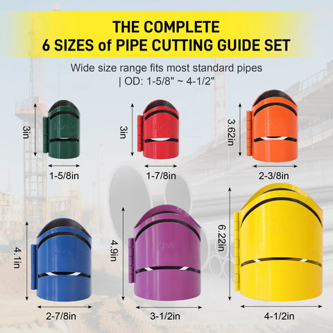 Heavy Duty Magnetic Steel Pipe Cutting Guide Kit Slide Right On And Skip The Math For 22 5 45 90 Degree Saddle Notches showing six sizes from 1-5/8 to 4-1/2 inches.