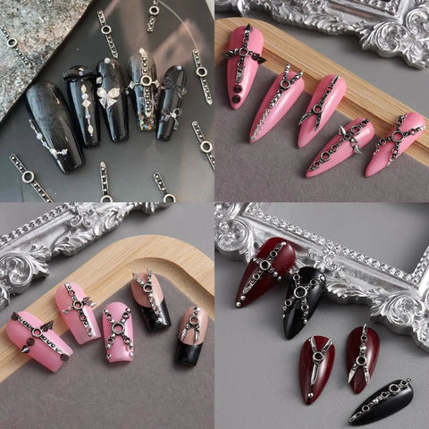3D Metal Punk Nail Charms Set With Belt Spikes Rivets And Gothic Cross Studs In Silver Black White Mixed Sizes For Dope DIY Manicure on stiletto nails