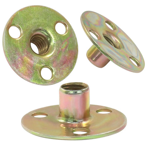 16 Pack One Quarter Inch Twenty Brad Hole T Nuts With Round Base, carbon steel, galvanized finish, female thread