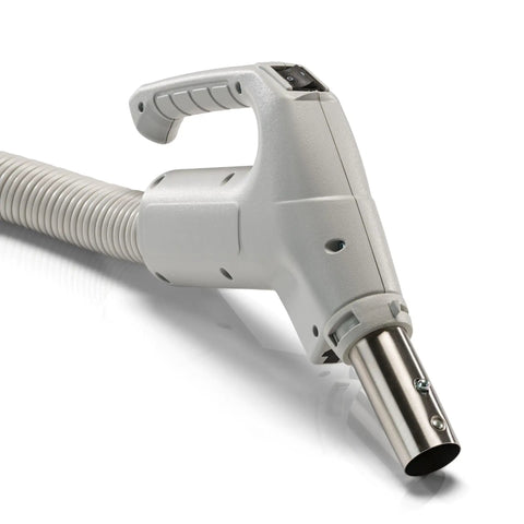 Universal 30 Ft Central Vacuum Kit With Suction Driven Turbo Nozzles handle and hose for versatile cleaning tools.