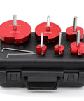 Six Piece PVC Pipe Reamer Kit For Drills shown with red reamer heads and a black case.