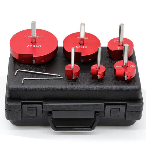Six Piece PVC Pipe Reamer Kit For Drills shown with red reamer heads and a black case.