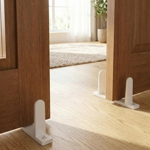 Four Pack Sliding Closet Door Floor Guide Set Built To Last With Universal ABS Bottom Guides Fit One And Three Eighths Inch Doors Complete Track Kit With Screws For Easy No Fuss Cabinet Installation White installed on wood closet door