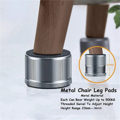 Adjustable Metal Furniture Leg Boosters 10 Pack Leveling Feet shown under a wooden chair leg
