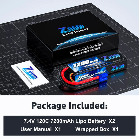 2 Pack 2S 7200mAh 7.4V 120C LiPo Battery Hard Case EC5 Connector for RC models with box and user manual