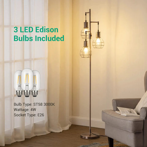 Industrial Dimmable Floor Lamp With 3 LED Bulbs Included, Rustic Tree Style Standing Lamp For Living Room Bedroom And Office, 65 Inch Tall, Stepless Dimmer Rotary Switch, Farmhouse Brown Vibe
