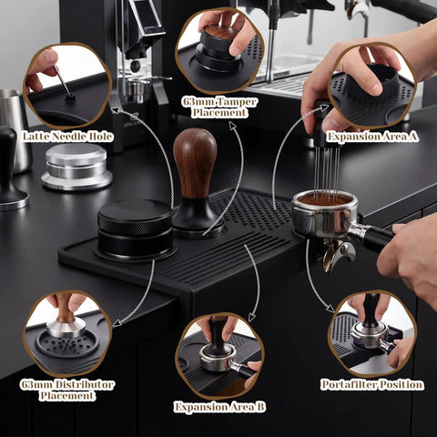 9 Piece Espresso Knock Box Kit With Oversized Silicone Coffee Mat and Tamping Mat for Home Barista Setup in use