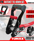 Four Piece Heavy Duty Ratchet Tie Down Straps For Truck And Motorcycle Cargo With Safety Latch Hooks and Rubber Coated Ends To Lock It Down Tight During Every Haul, featuring ergonomic handle.