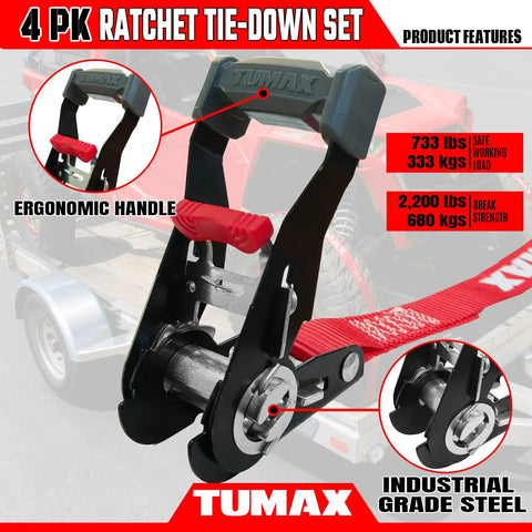 Four Piece Heavy Duty Ratchet Tie Down Straps For Truck And Motorcycle Cargo With Safety Latch Hooks and Rubber Coated Ends To Lock It Down Tight During Every Haul, featuring ergonomic handle.