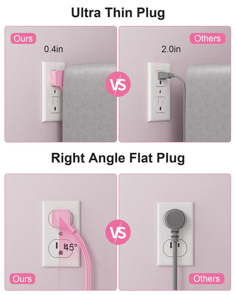 Pink 5 Foot Extension Cord With Surge Protector Six USB Ports Super Handy Three USB C Quick Charge Ports And Three USB A Smart Charging Tech Cute Kawaii Style For Home Office Desk Setup And TV Stand, ultra thin flat plug