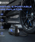 Portable 12V Car Tire Inflator Air Pump With LED Light and 150 PSI Digital Gauge inflating car tire on pavement.