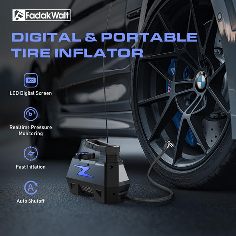Portable 12V Car Tire Inflator Air Pump With LED Light and 150 PSI Digital Gauge inflating car tire on pavement.