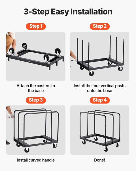 3-step installation guide for Beefy Heavy Duty Folding Table Cart With 1800 Lb Load Capacity, showing assembly process.