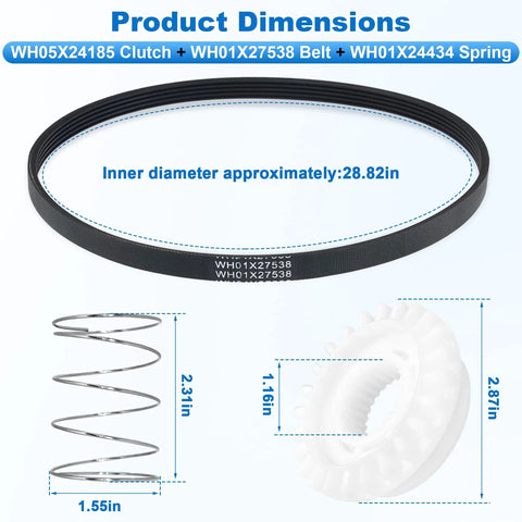 Real Deal GE Washing Machine Repair Kit Featuring Transmission Pulley Push Nut Shift Actuator Drive Belt Clutch And Coil Spring dimensions with belt, clutch, spring sizes.