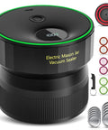 Upgraded One Integrated Mason Jar Vacuum Sealer Kit For Smart Kitchen Storage Fully Automated Includes 10 Lids With Five Regular And Five Wide Mouth Lids And Bottle Opener Great For Meal Prep And Freshness, showing sealer with lids and opener.