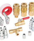 18 Piece Air Fittings Kit With Universal Quick Coupler And Ball Valve showing brass valves and metal couplers.