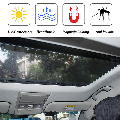Magnetic Sunroof Sunshade Mesh For Tesla Cybertruck 2023 To 2026 installed over sunroof showcasing UV protection and anti-insect features.
