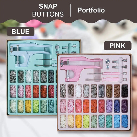 Image of All In One Plastic Snap Fastener Kit With Pliers Set Includes 270 Sets Resin And Metal Snaps For Sewing And Crafting Pink Includes Dies Eyelets Awl And Screwdriver For Easy Snap Setup And Creative Projects in blue and pink boxes.