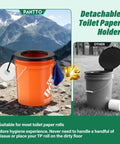 No Sweat Snap On Portable Toilet Seat For 5 Gallon Buckets Camping Pail Cover with detachable toilet paper holder in outdoor setting.